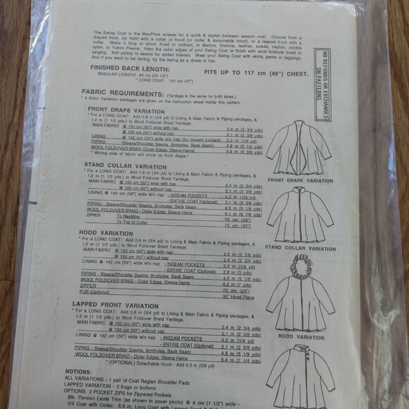 Vintage Swing Coat Sewing Pattern Retro 90s MacPhee Workshop - Picture 9 of 16
